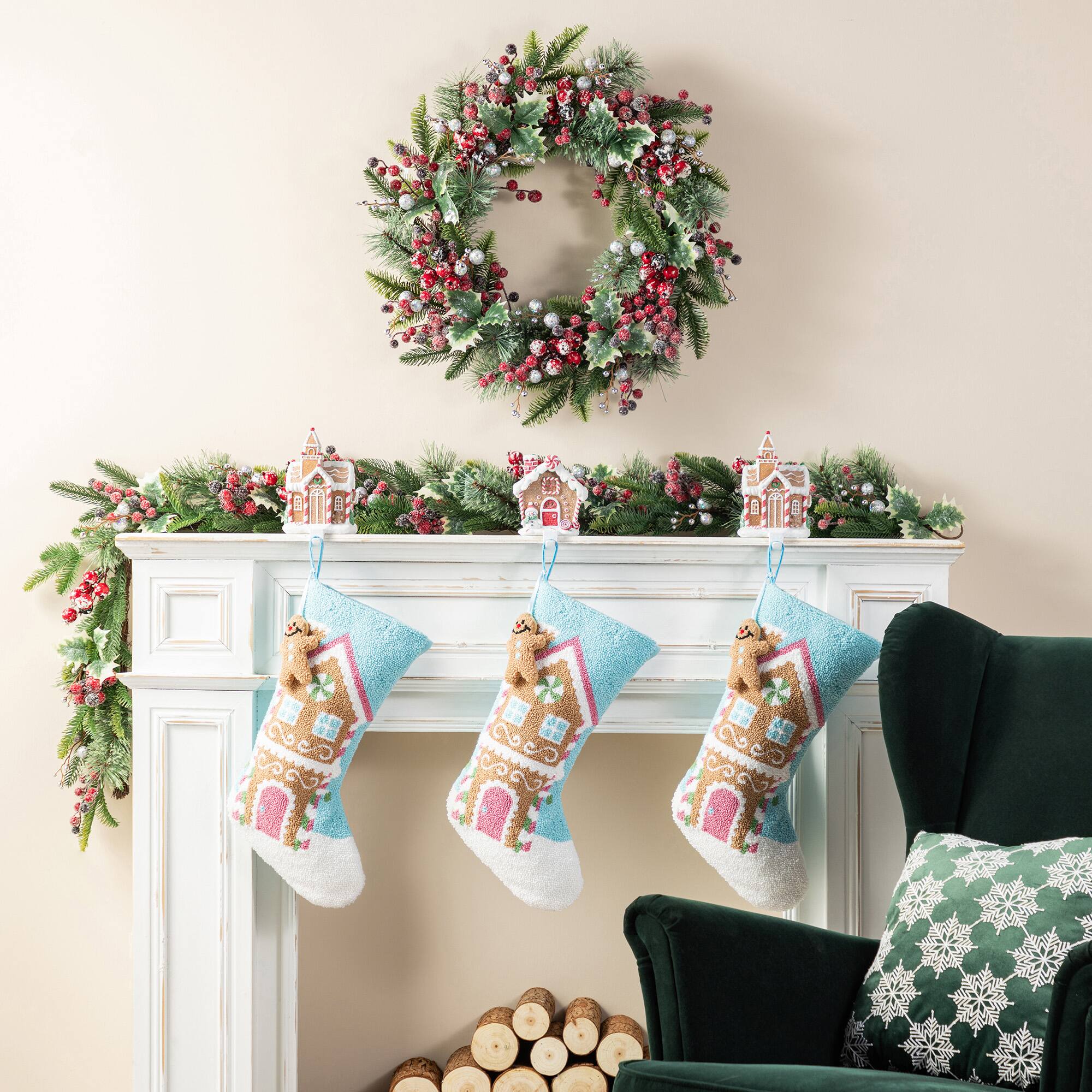Glitzhome® 21"L Hooked Gingerbread House Stocking with Gingerbread Man Ornament